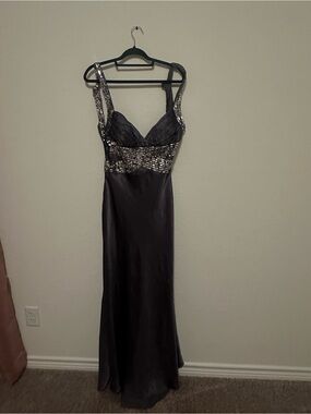 Black Beaded Prom Gown with Silver Embellished Waist